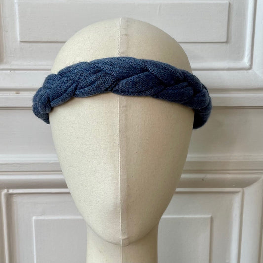 Headband tresse bleu jean 58% cachemire 42% lin tricotée en France