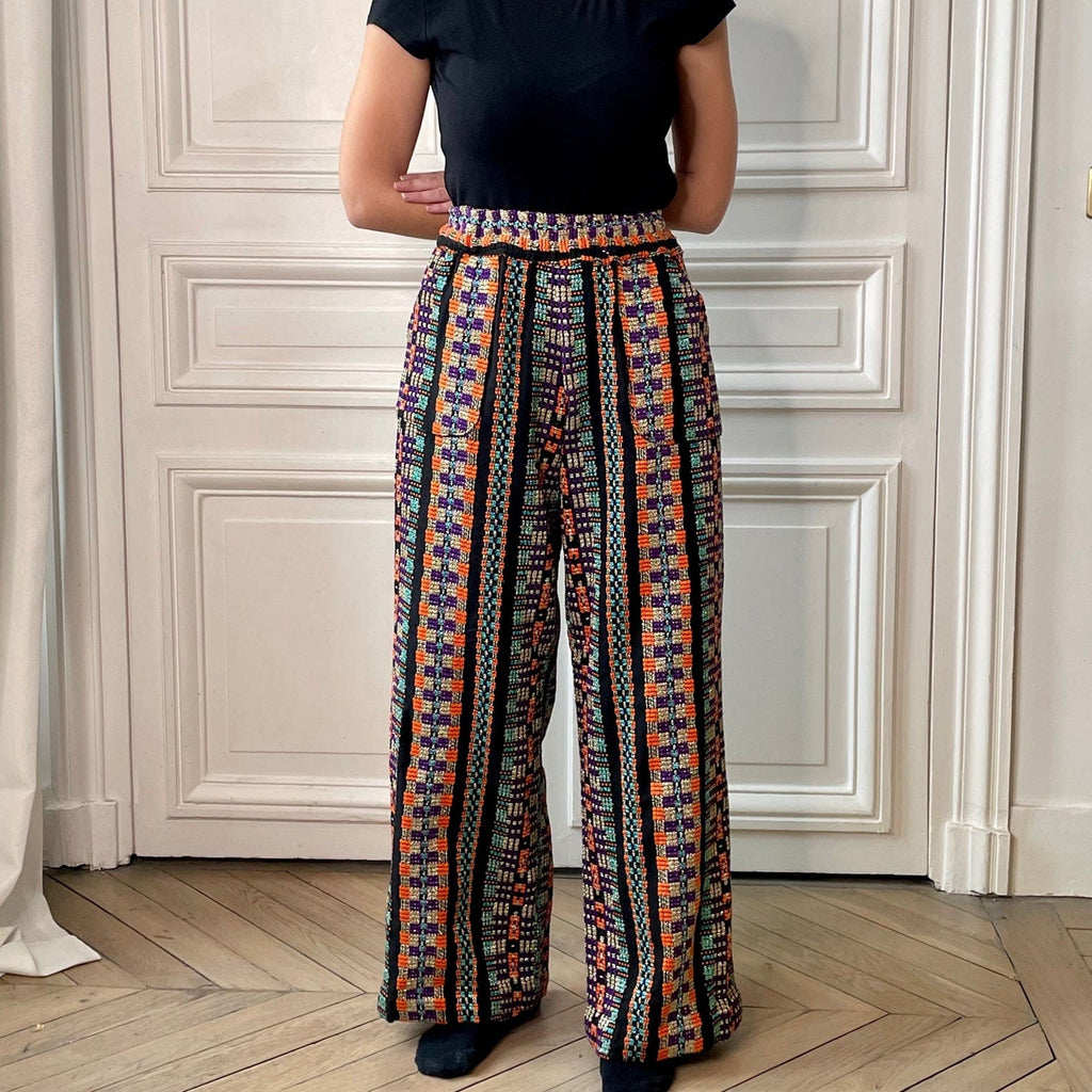 Pantalon en tweed noir, violet, orange et or fabriqué en France