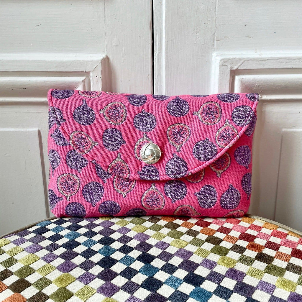 Pochette Sylvestre en tweed figues rose, lilas et argenté tissé et fabriquée en France