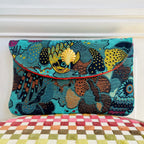 Pochette Louise en tweed turquoise rose, jaune et marine perroquets tissé et fabriquée en France