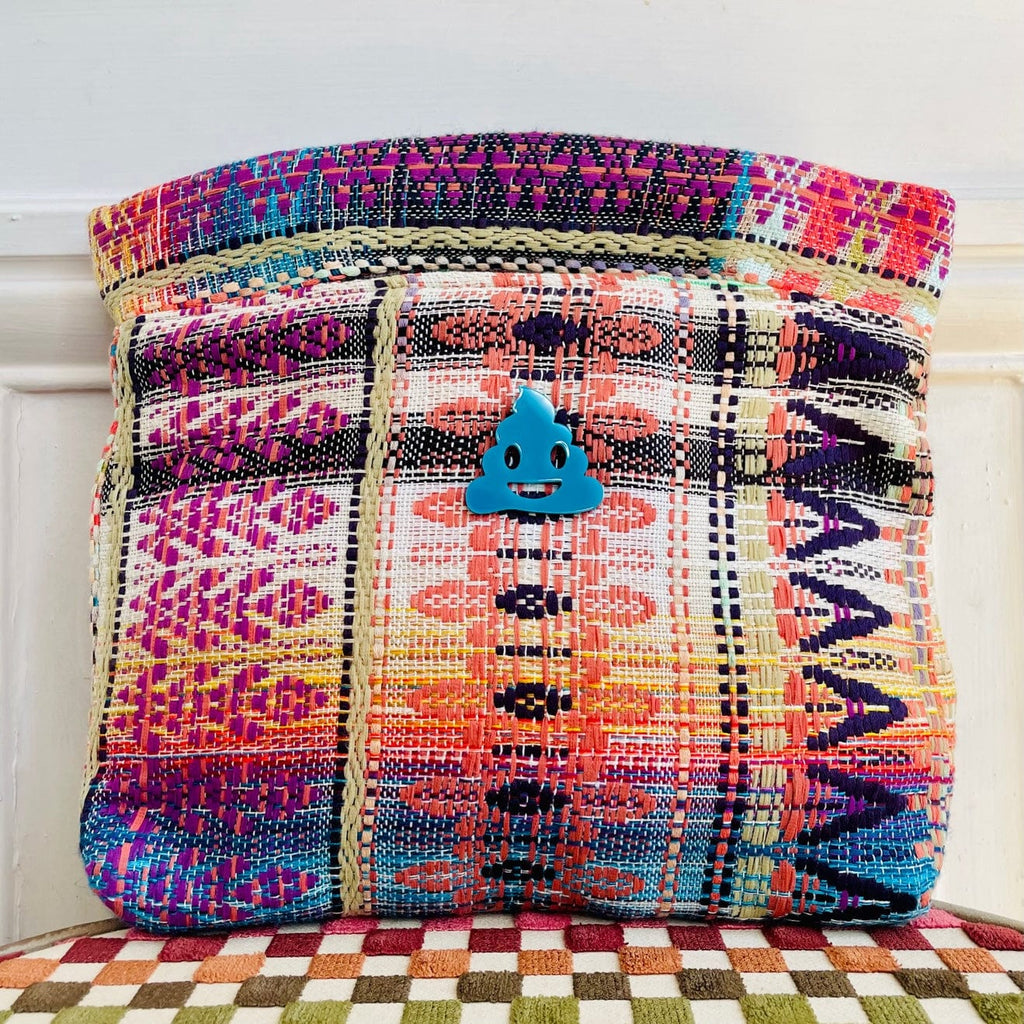 Pochette Agathe en tweed violet, beige, turquoise et corail tissé et fabriquée en France