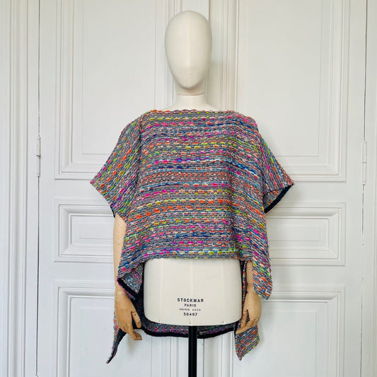 Poncho en tweed rayé multicolore tissé et fabriqué en France