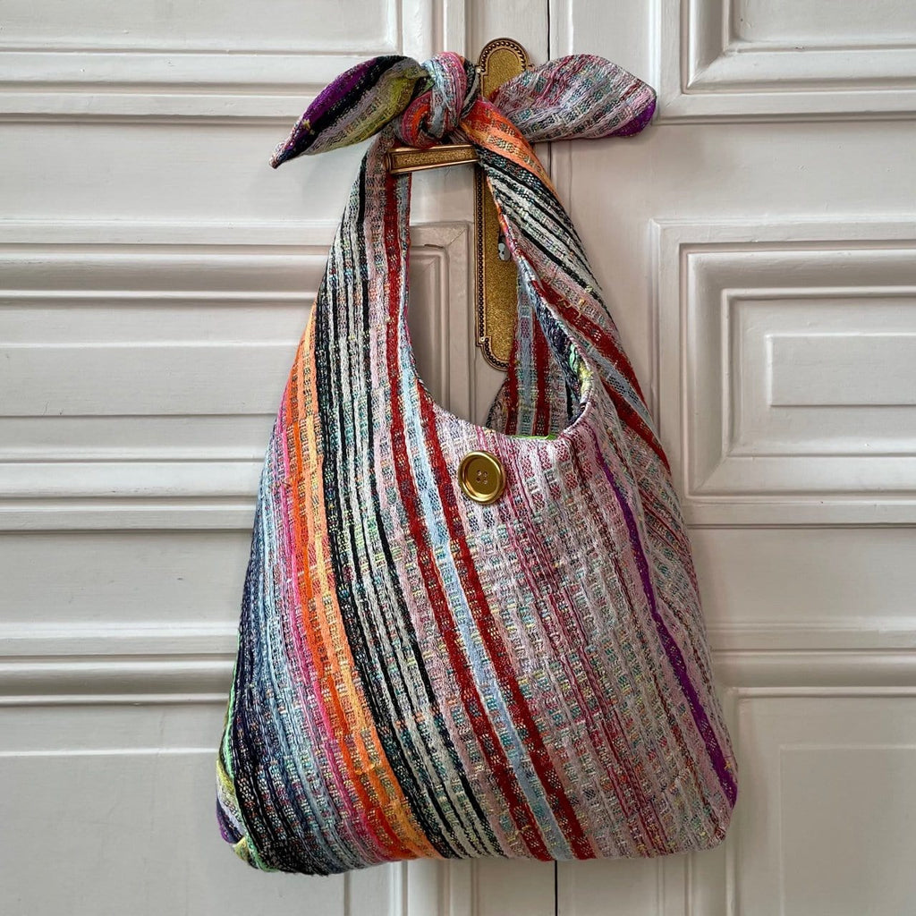 Sac Angèle en tweed rose tendre, rose vif, rouge, noir, jaune, lilas et orange tissé et fabriqué en France