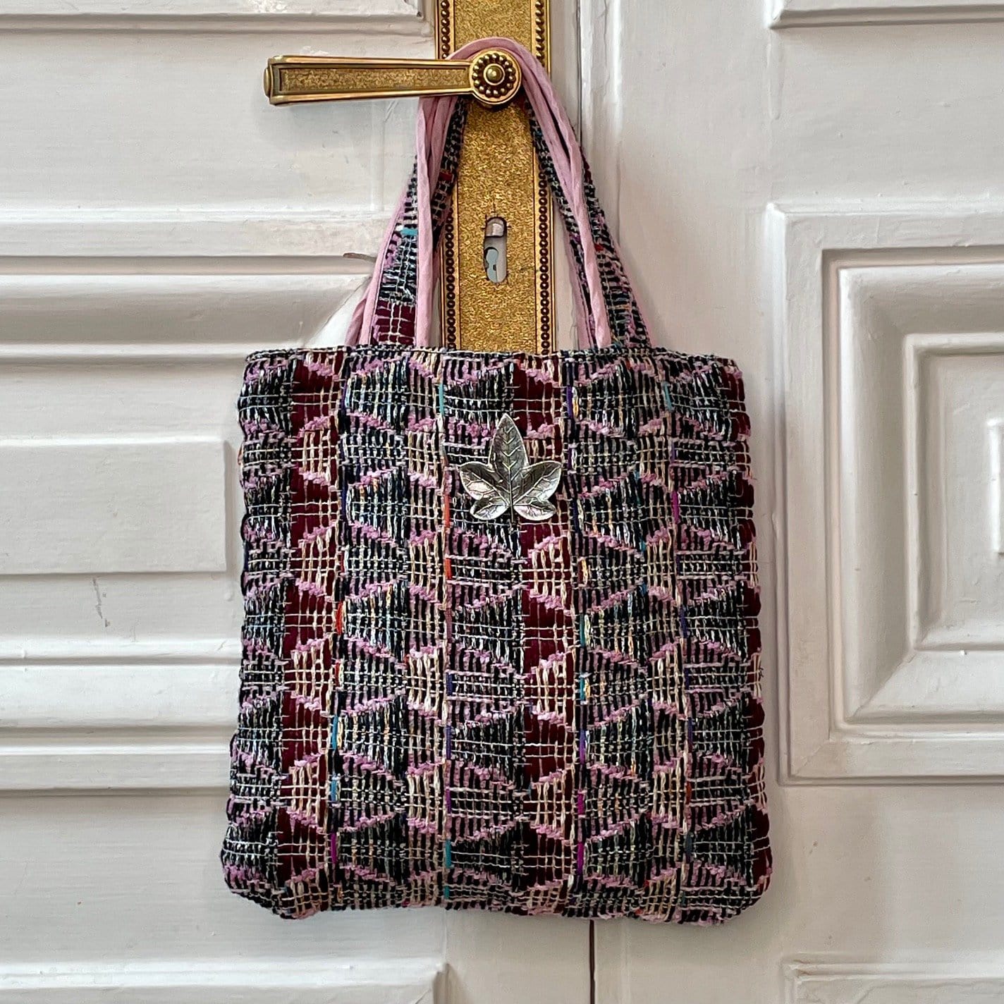 Mini sac Bienvenue en tweed lilas, rose et marine tissé et fabriqué en France