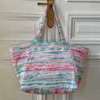Sac Sébastien en tweed bleu, rose fluo, blanc et vert d'eau tissé et fabriqué en France