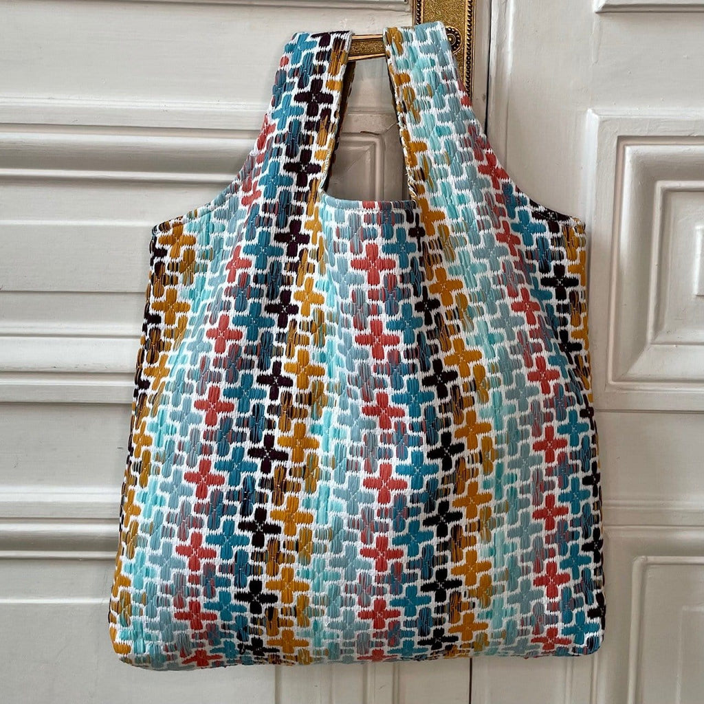 Sac Thomas en tweed jaune moutarde, marron, bleu, vert d'eau et corail tissé et fabriqué en France