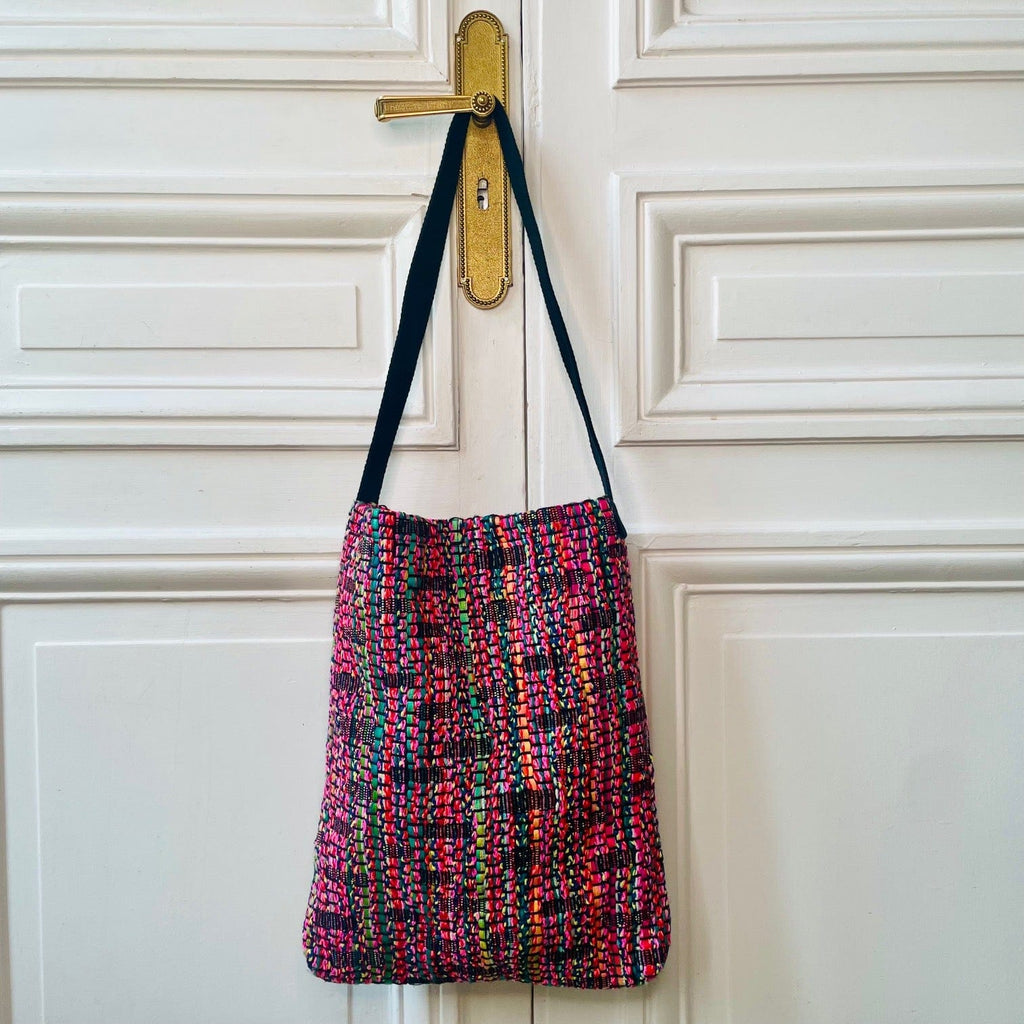 Sac Bérénice en tweed rose, noir, orange, vert, bleu tissé et fabriqué en France