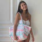 Sac Sébastien en tweed bleu, rose fluo, blanc et vert d'eau tissé et fabriqué en France