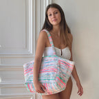 Sac Sébastien en tweed bleu, rose fluo, blanc et vert d'eau tissé et fabriqué en France