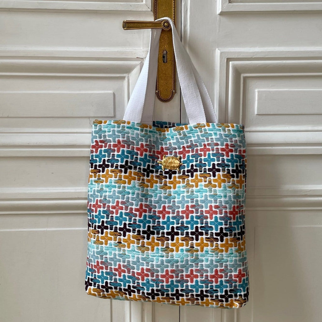 Sac Vivien en tweed jaune moutarde, marron, bleu, vert d'eau et corail tissé et fabriqué en France