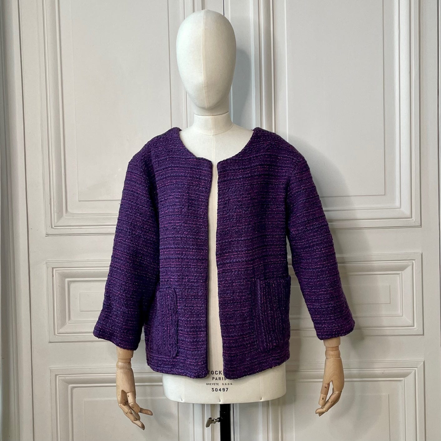 Veste en tweed violet tissé et fabriquée en France